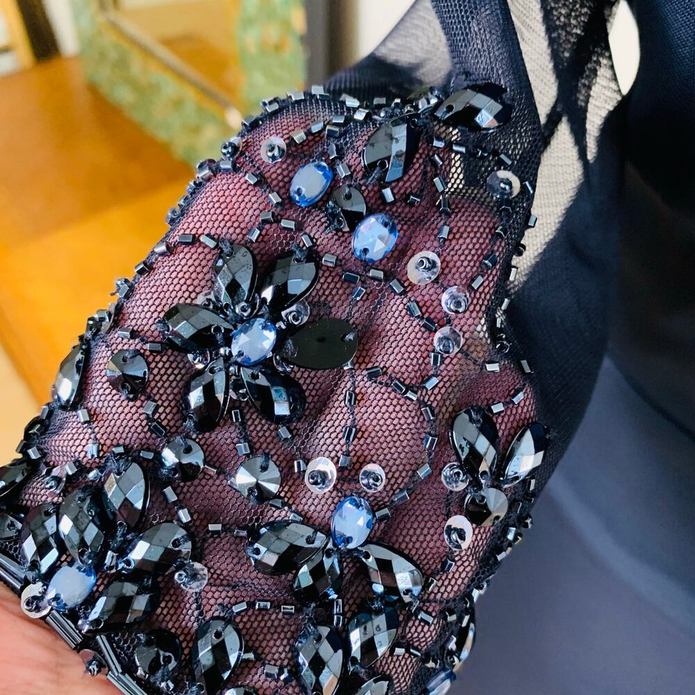 Patra Size 10 Illusion Jeweled Neck Draped Gown Dress Navy Blue Wedding Cocktail - Picture 7 of 14